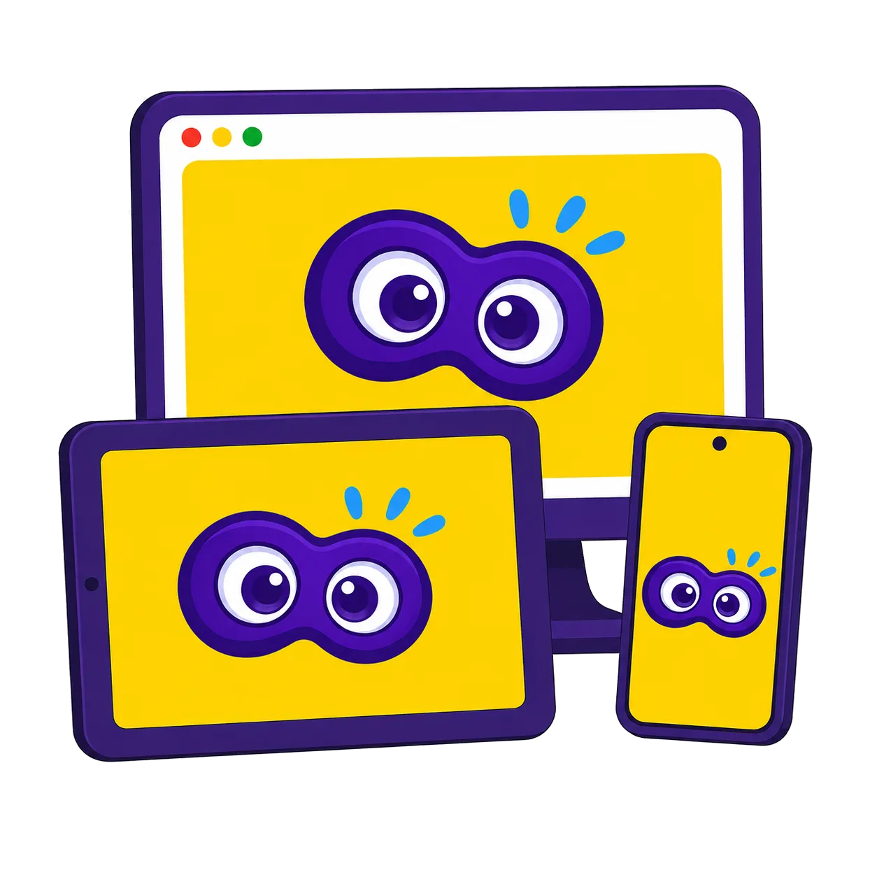 Denkheld op telefoon, tablet en computer