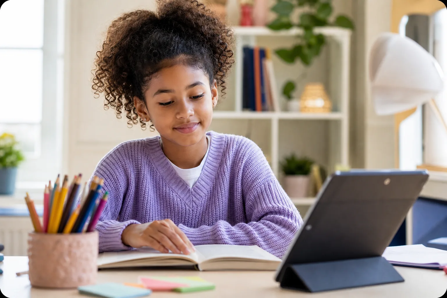 Meisje leest een boek naast haar tablet