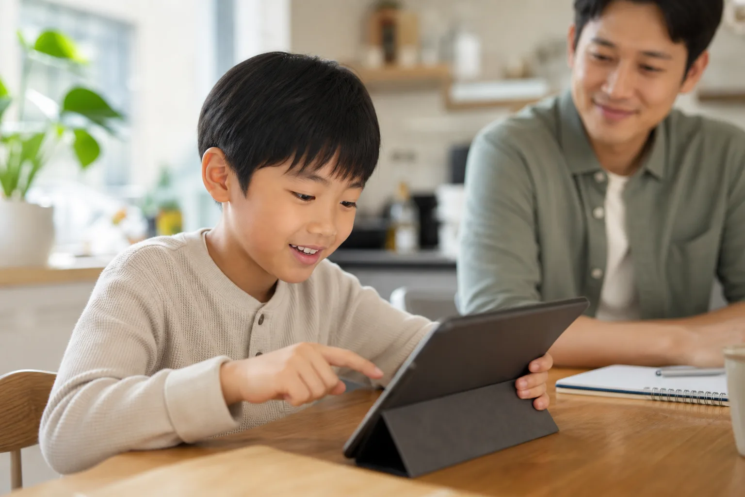 Ouder en kind bekijken samen een tablet