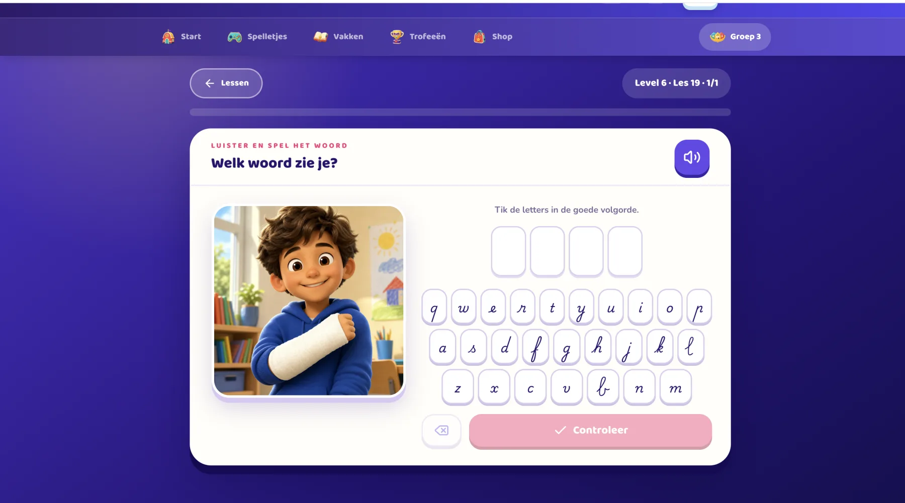 Een spellingopdracht in Denkheld op een vrijgegeven level